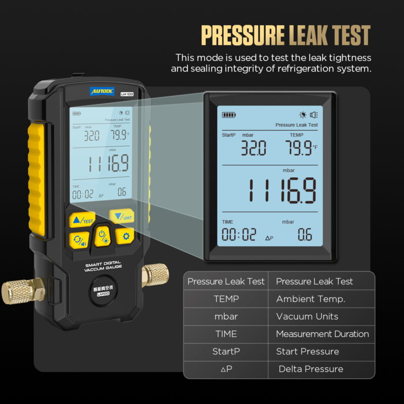 AUTOOL LM100 pressure leak test screen labeled with start pressure current pressure time and difference