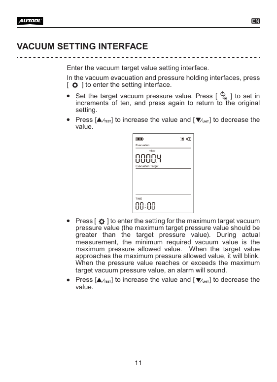 LM100 manual page showing evacuation target and maximum target pressure settings