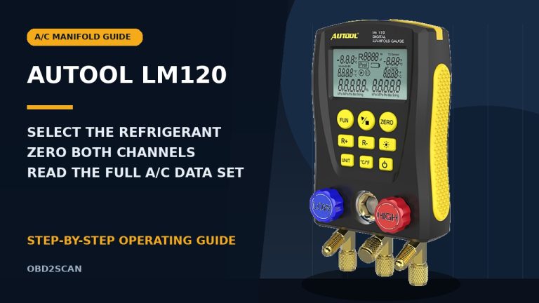 AUTOOL LM120 guide to refrigerant selection atmospheric zeroing and A/C data