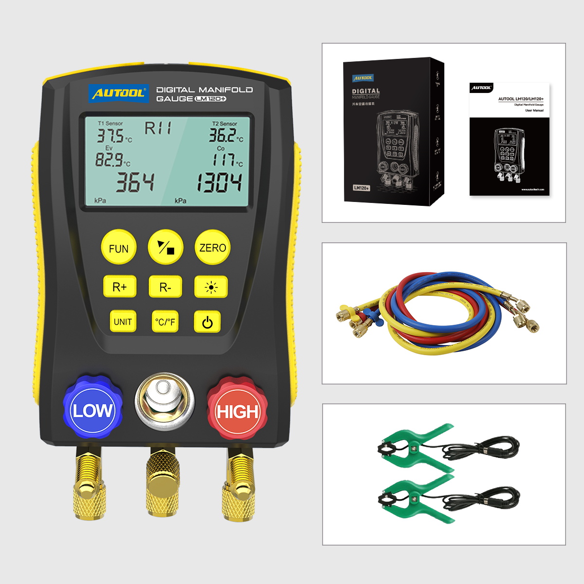 AUTOOL LM120+ with two wired temperature clamps hoses manual and case