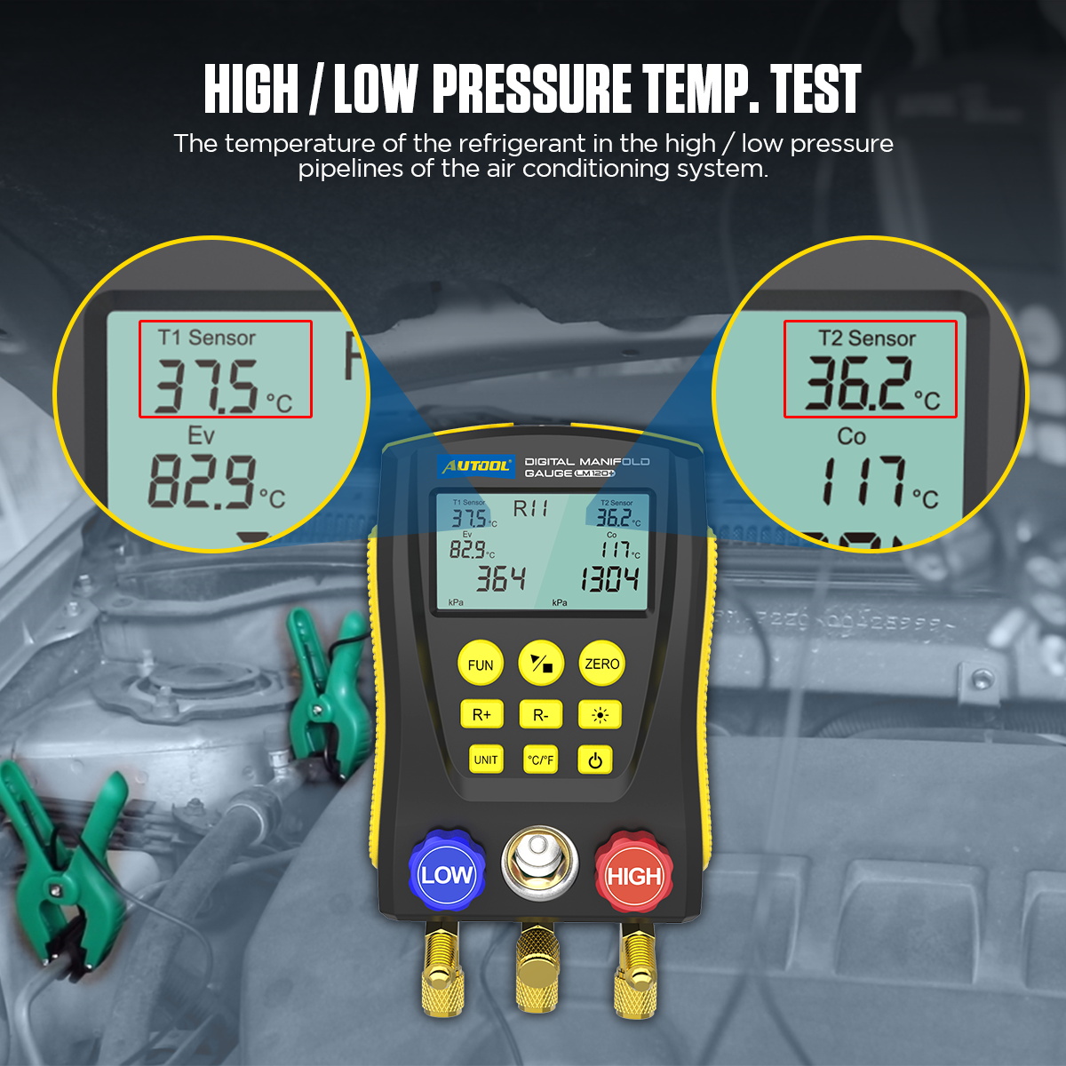 AUTOOL LM120+ showing two wired clamps and T1 and T2 temperature fields