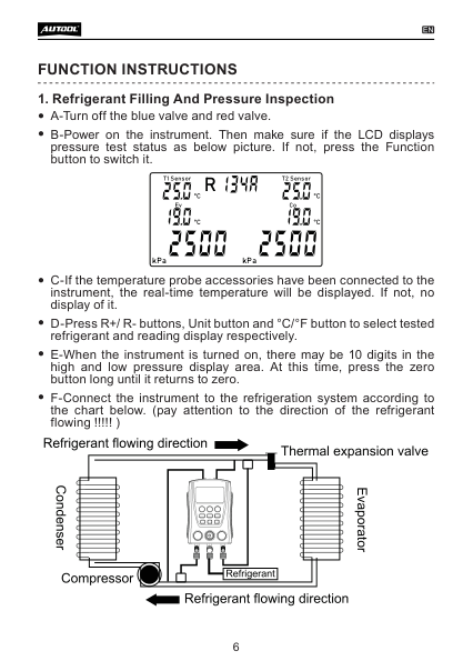 LM120+ manual page showing refrigerant selection units zeroing probes and connection diagram