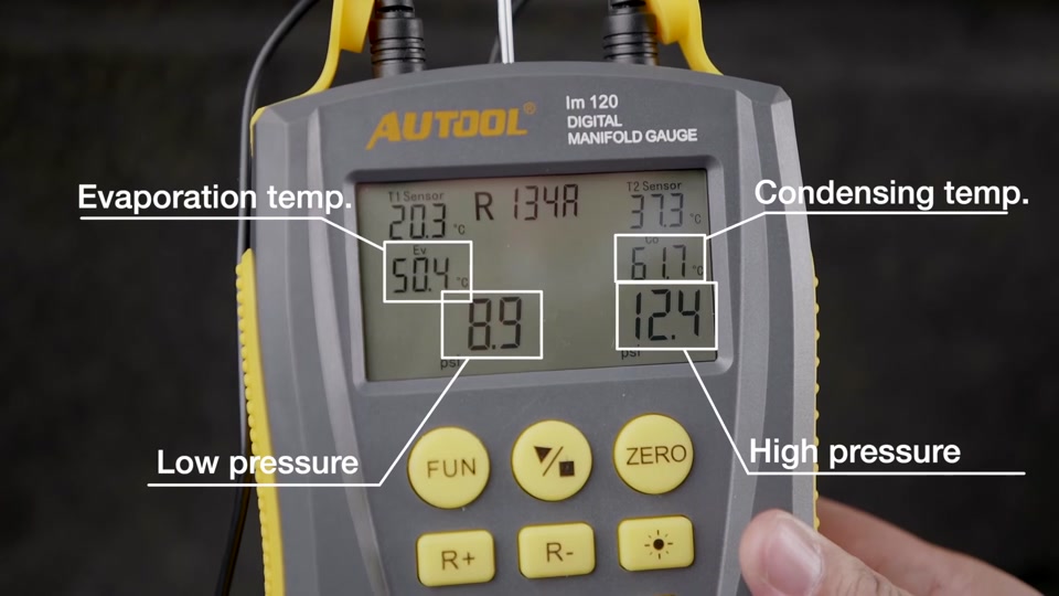 AUTOOL LM120 screen showing dual pressures and evaporation and condensation temperatures