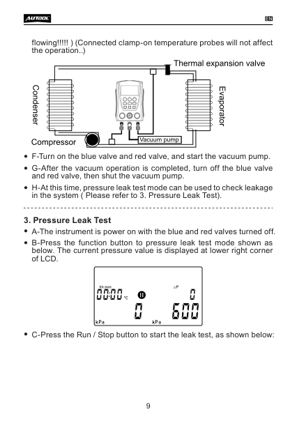 LM120 manual page showing relative vacuum and timed pressure leak test modes