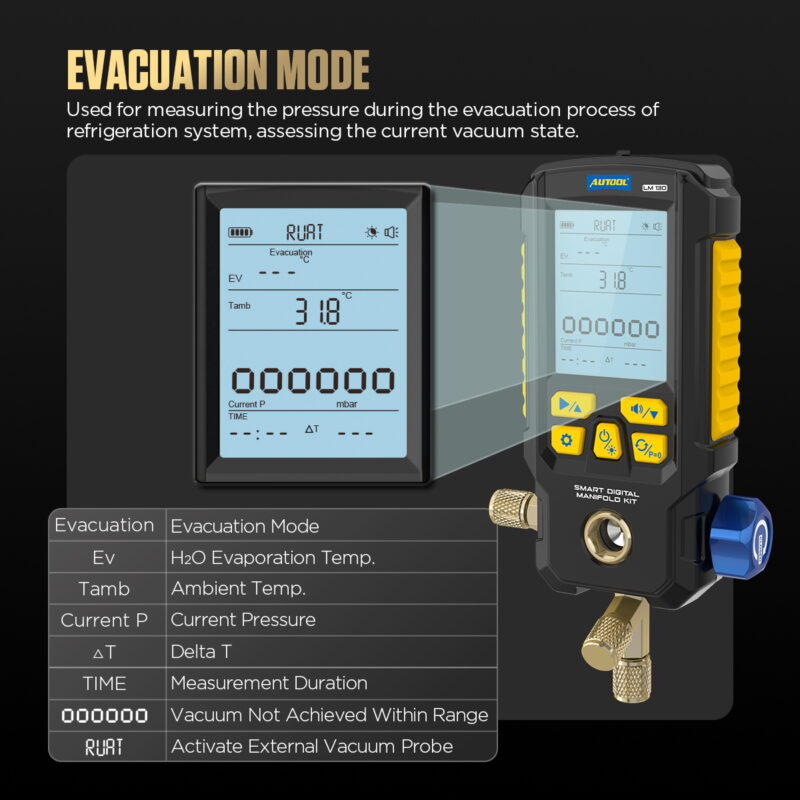 AUTOOL LM130 evacuation screen labeling relative pressure ambient temperature target and time