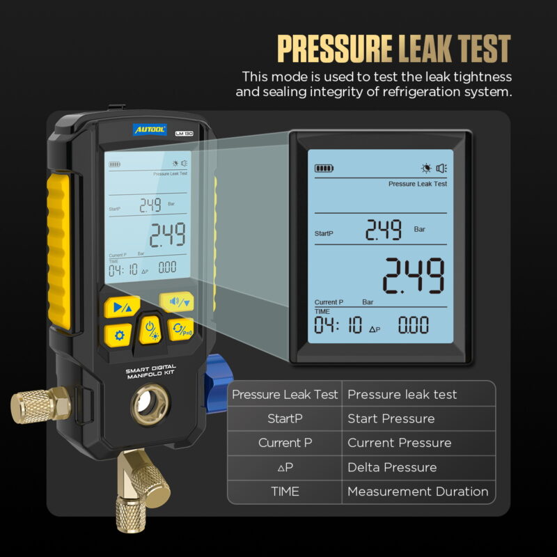 AUTOOL LM130 pressure leak test screen labeling start pressure current pressure difference and time