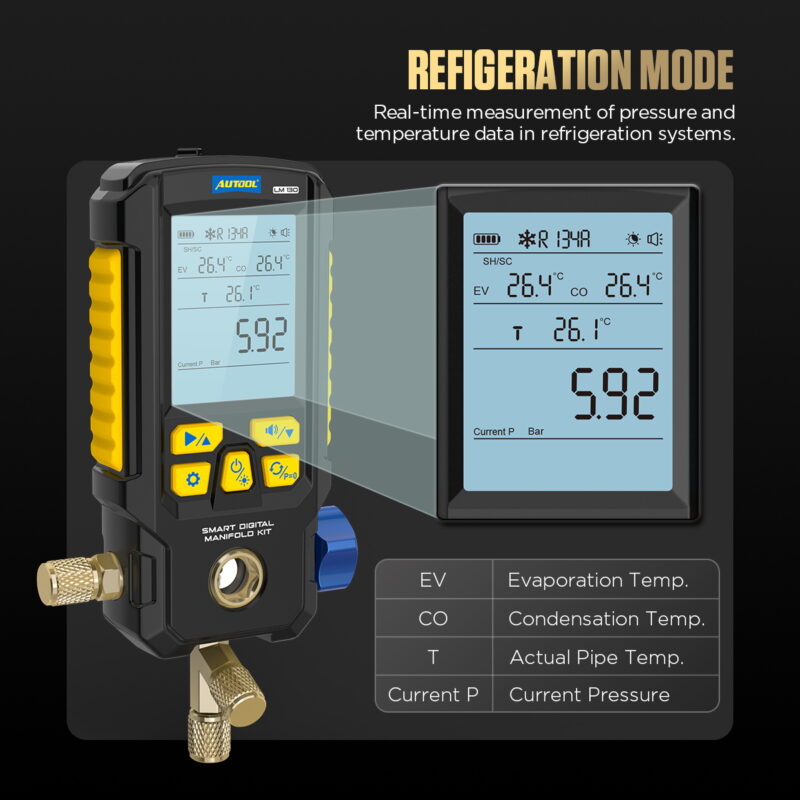 AUTOOL LM130 refrigeration screen labeling EV CO pipe temperature and current pressure
