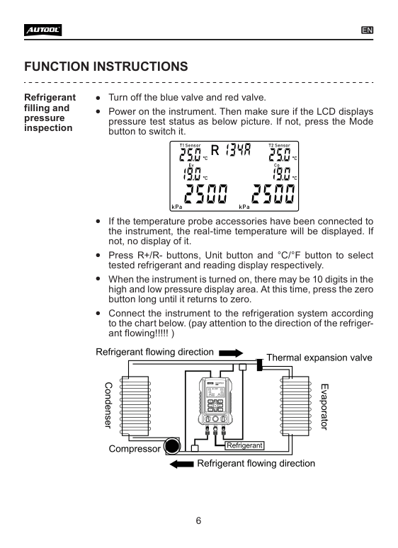 LM150 manual page showing pressure mode refrigerant selection zeroing and connection direction