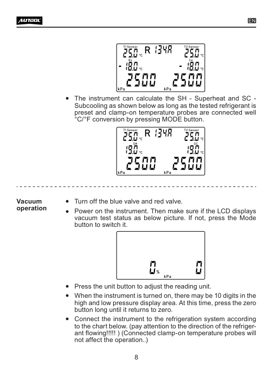 LM150 manual page showing SH SC display and relative vacuum mode