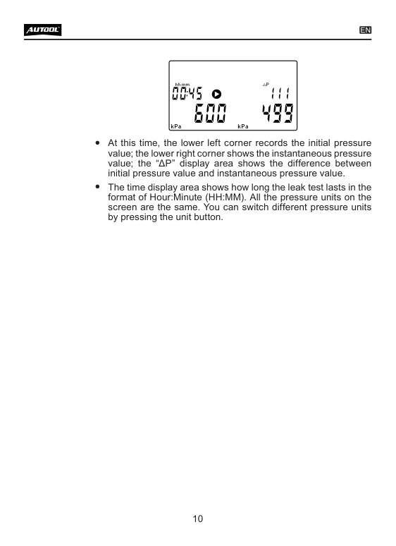 LM150 manual page showing initial pressure current pressure difference and elapsed time