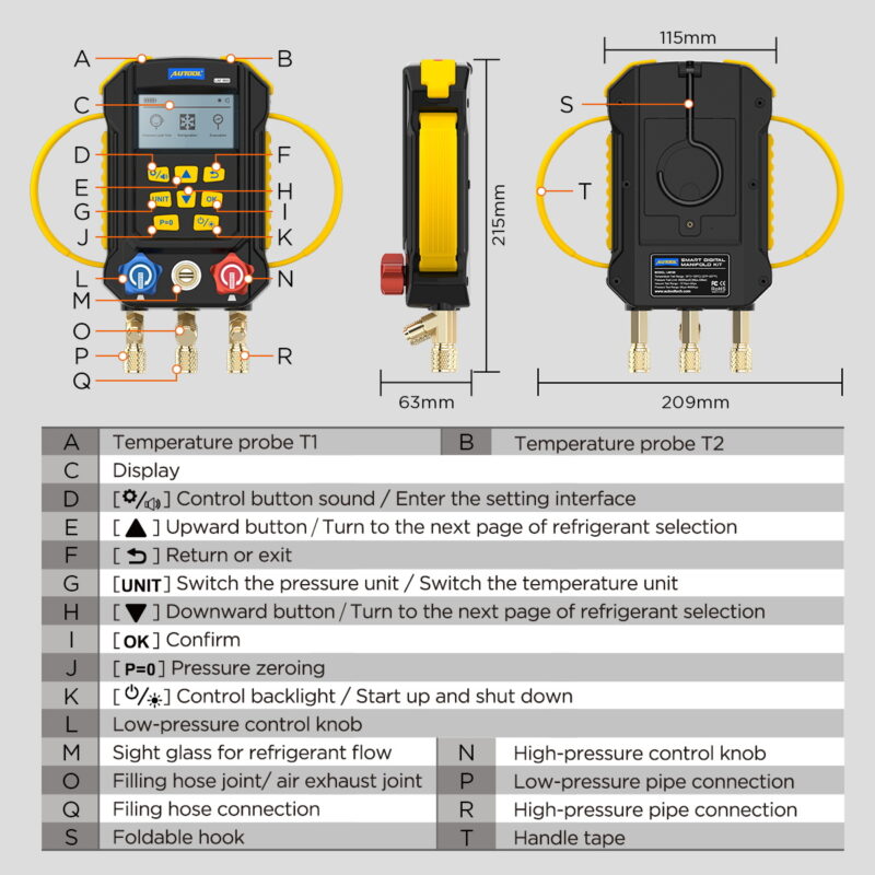 AUTOOL LM160 diagram labeling temperature probes keys valves hose ports hook and dimensions