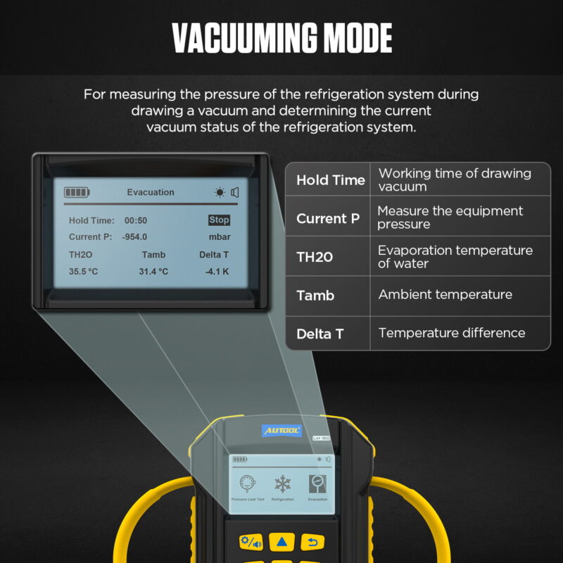 AUTOOL LM160 Evacuation screen labeling hold time current pressure TH2O ambient temperature and Delta T