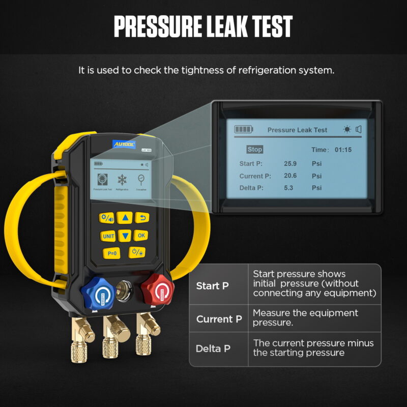 AUTOOL LM160 Pressure Leak Test screen labeling start current delta pressure and time