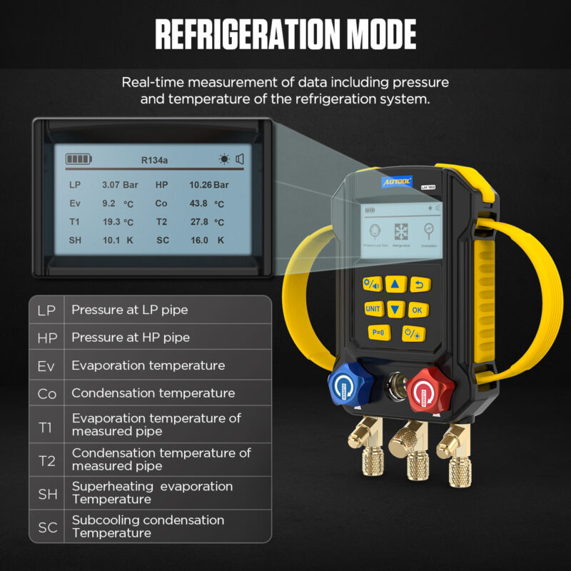 AUTOOL LM160 Refrigeration screen labeling LP HP EV CO T1 T2 SH and SC