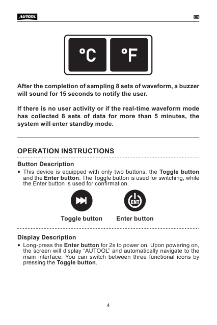 LM55 manual page showing Toggle and Enter buttons and the two-second power-on action