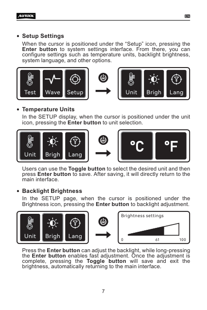 LM55 manual page showing Celsius Fahrenheit and screen brightness settings
