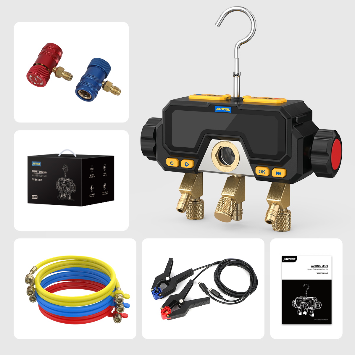 AUTOOL LM70 manifold color-coded connectors hoses clamp probes manual and box