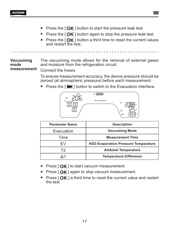 LM70 manual page showing pressure leak test controls and evacuation mode fields