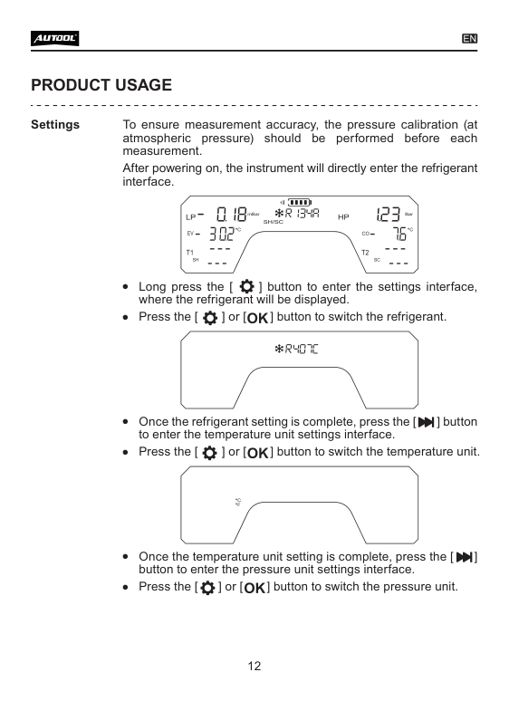 LM70 manual page showing refrigerant temperature and pressure unit settings