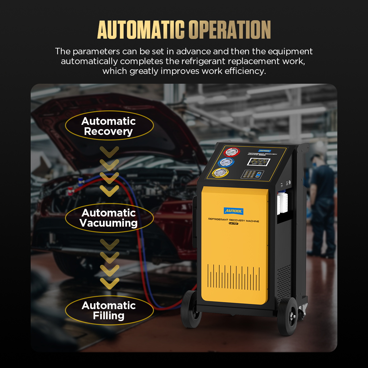 Current AUTOOL LM707 automatic recovery vacuuming and filling workflow beside a connected vehicle