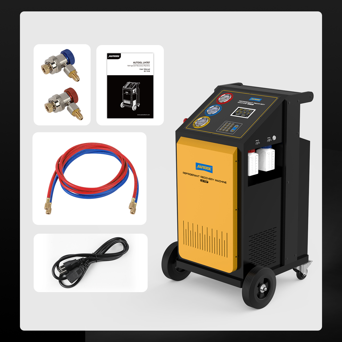 Current AUTOOL LM707 with red and blue hoses quick couplers power cable and manual