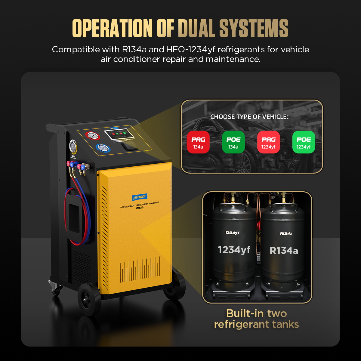 AUTOOL LM708 dual R134a and HFO-1234yf tank arrangement with PAG and POE selections