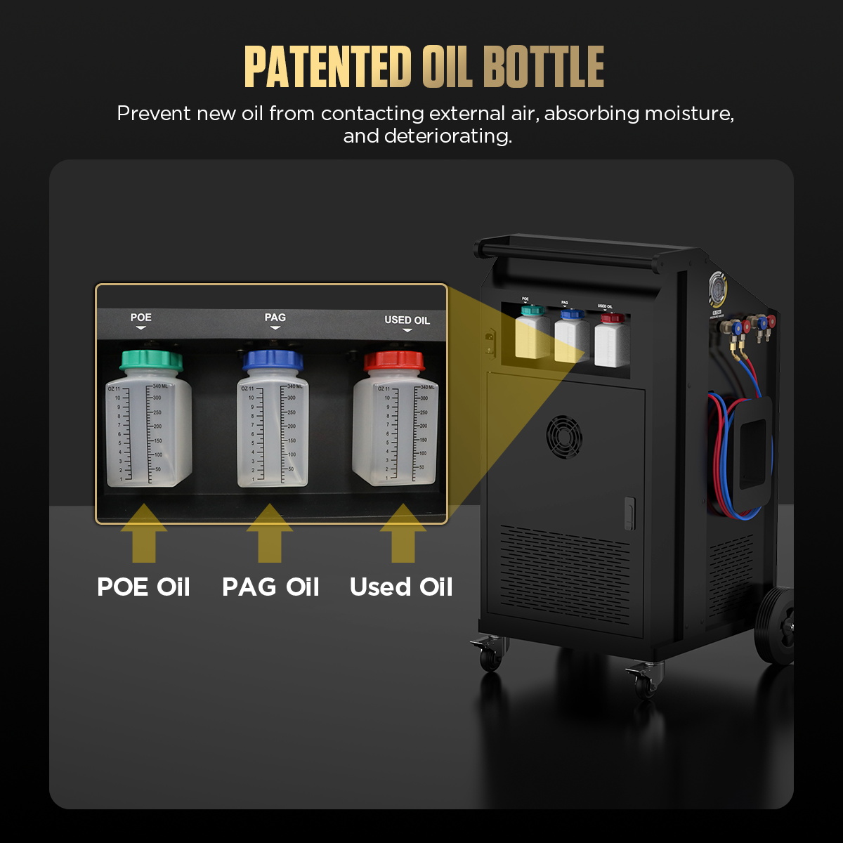 AUTOOL LM708 rear oil bottle area with separate POE PAG and used-oil bottles