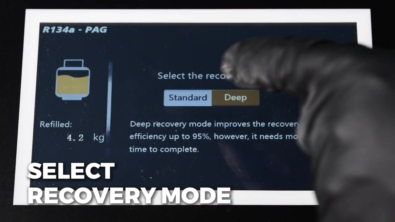 AUTOOL LM708 touchscreen showing Standard and Deep refrigerant recovery modes