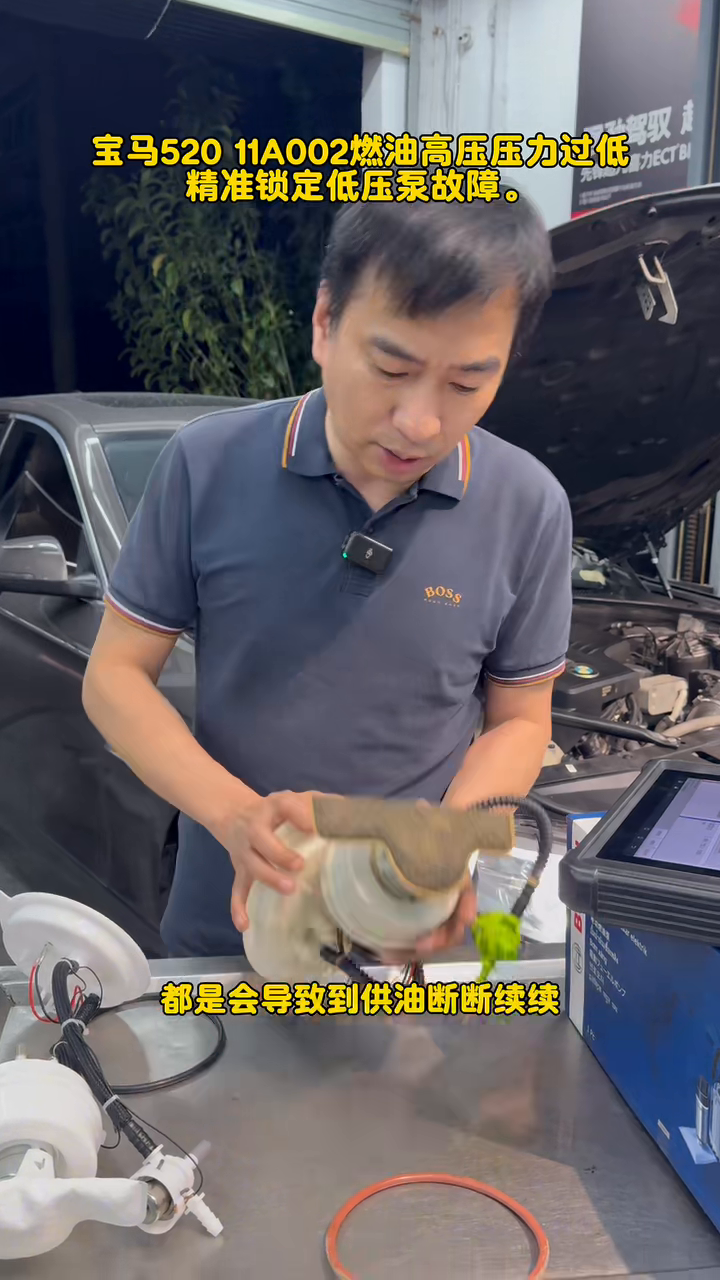 Removed BMW in-tank low-pressure fuel-pump module held during diagnosis.