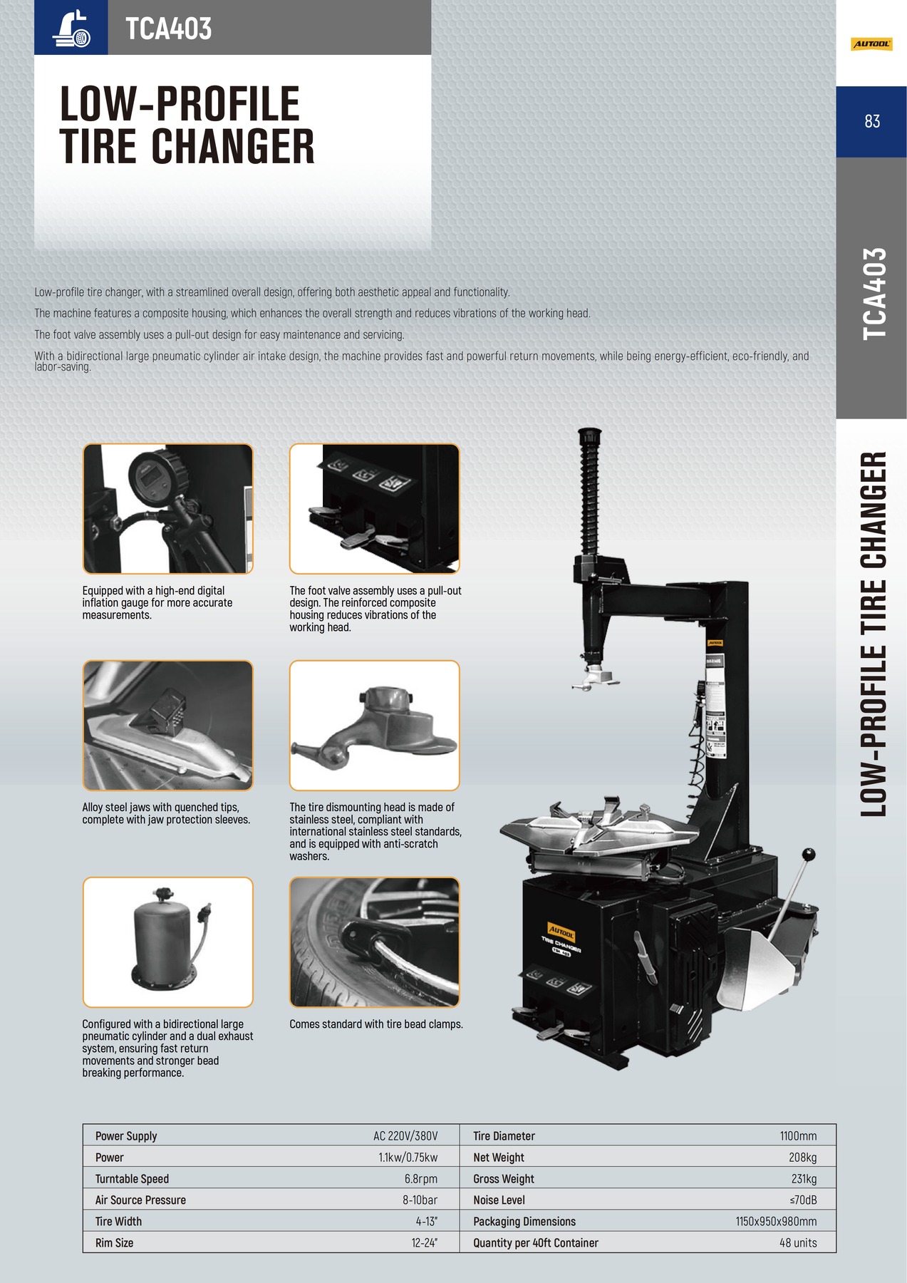 Exact first-party product or workflow view of AUTOOL TCA403 low-profile tire changer