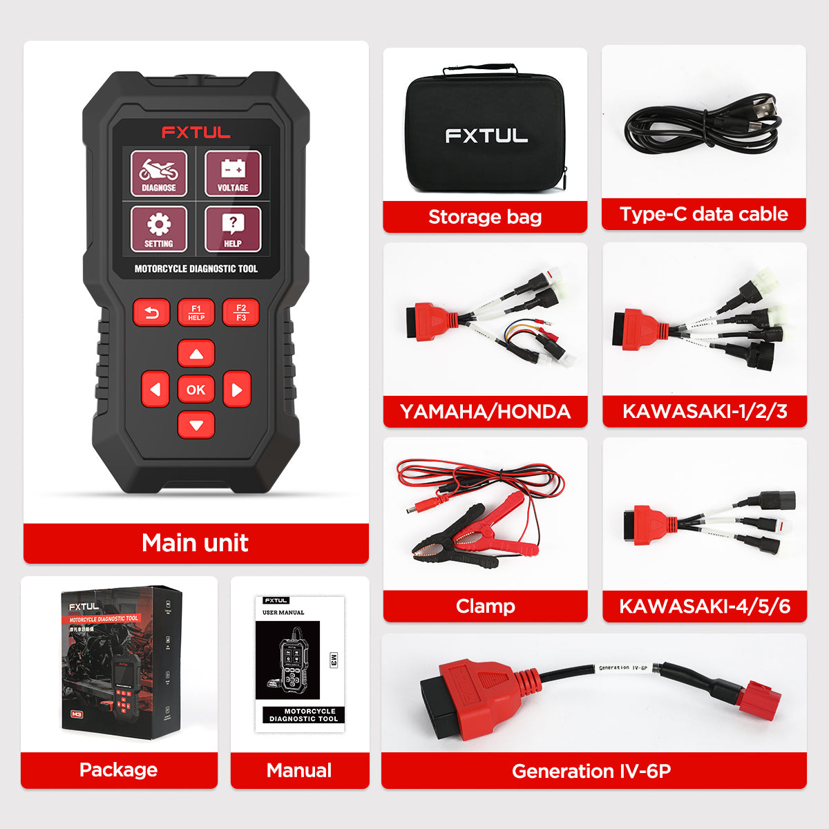 Current FXTUL M3 kit with main unit, data cable, clamp and labeled motorcycle adapters