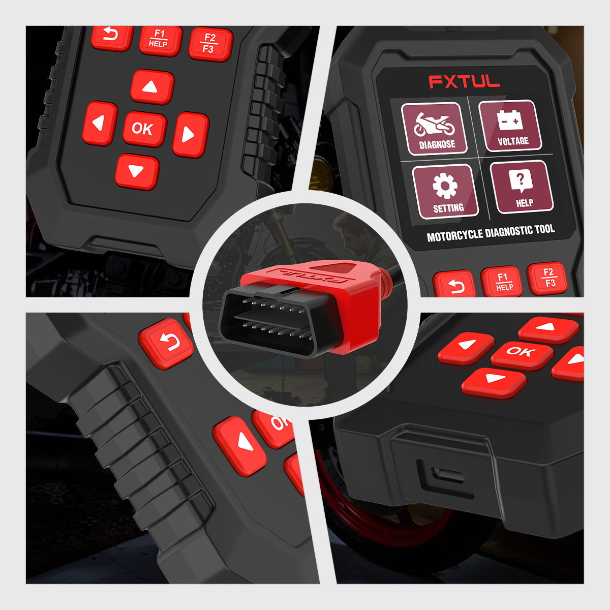 Close views of the current FXTUL M3 controls, diagnostic connector and USB port