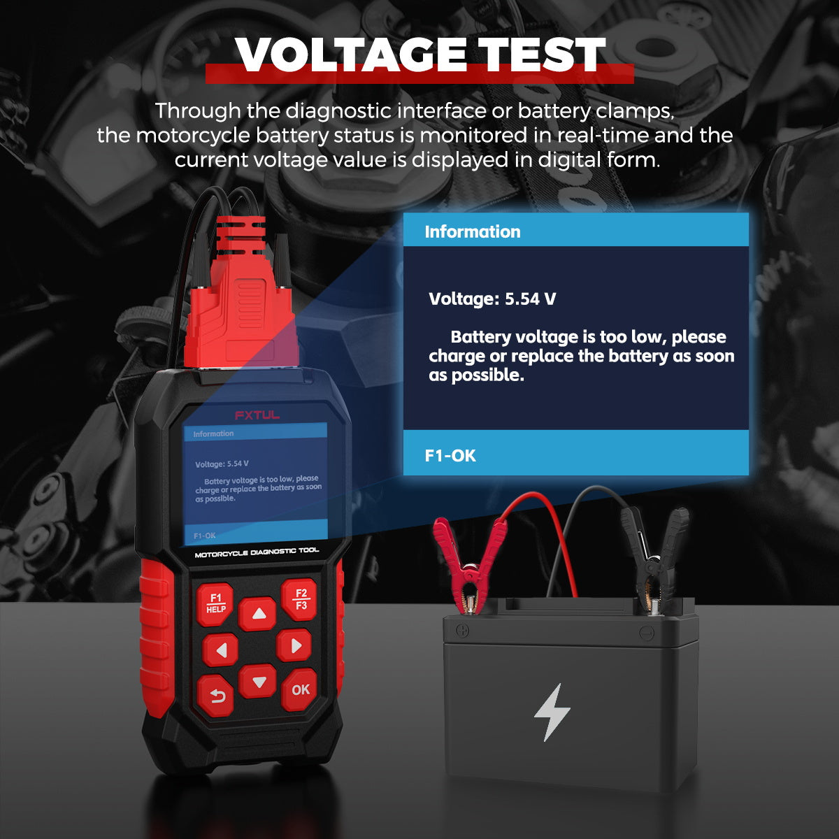 FXTUL M4 voltage-test screen and low-voltage warning example
