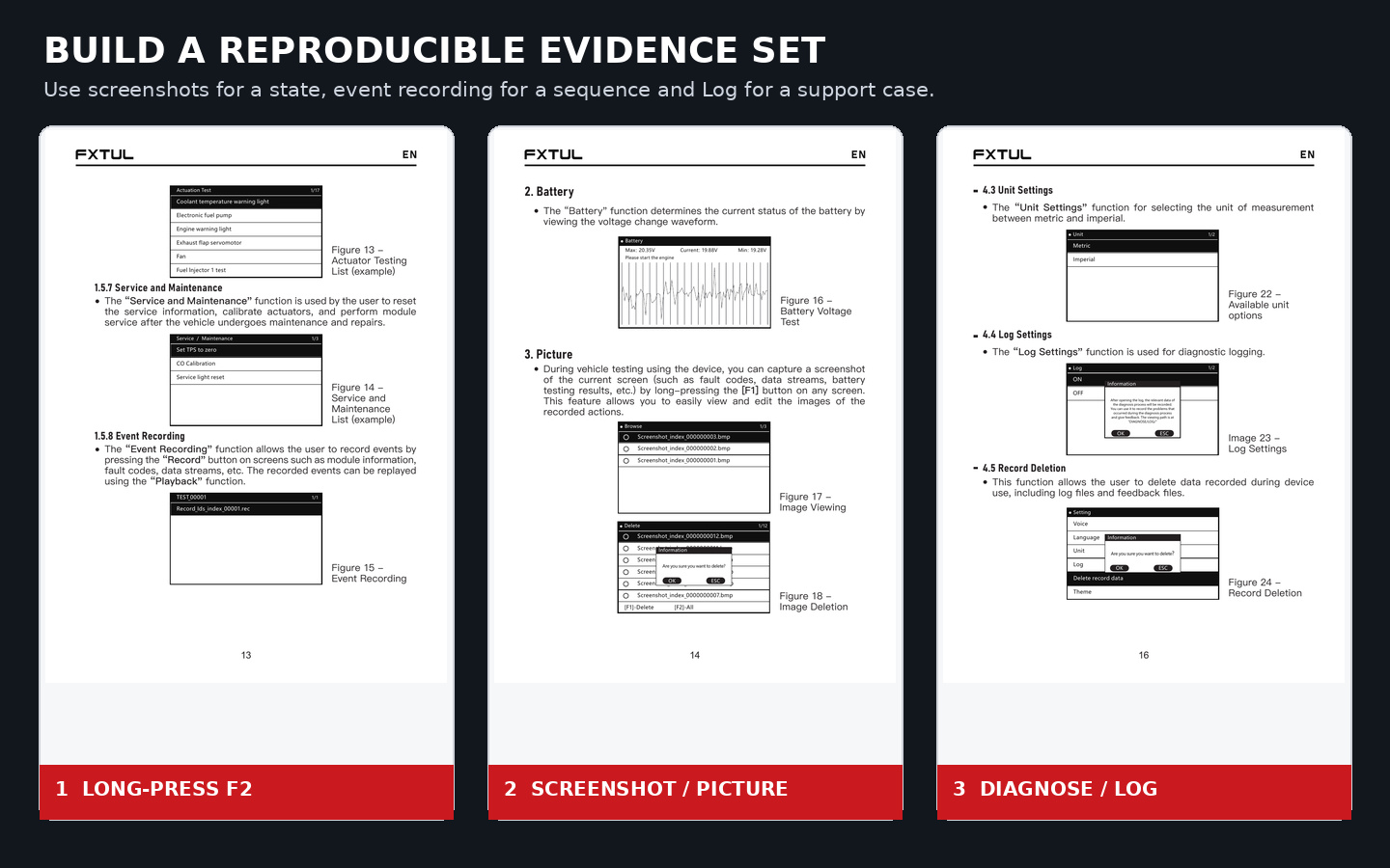 M7 manual panels showing F2 event recording, F1 screenshot and DIAGNOSE LOG path