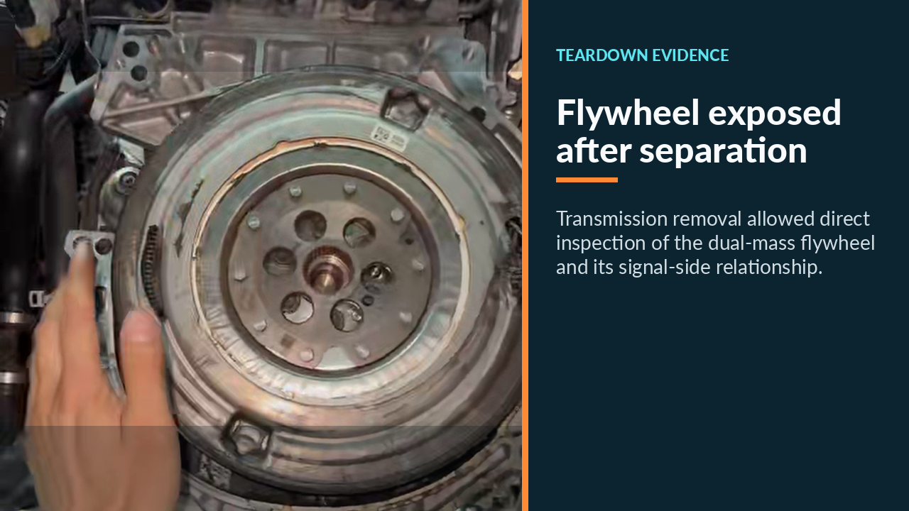 Dual-mass flywheel exposed after Mercedes A200 transmission removal