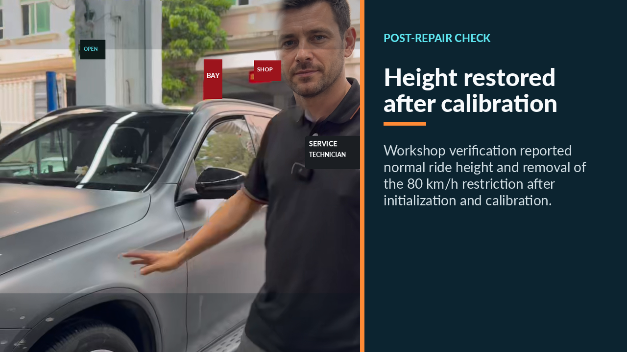 Foreign technician beside Mercedes-AMG GLC 43 after air-suspension calibration
