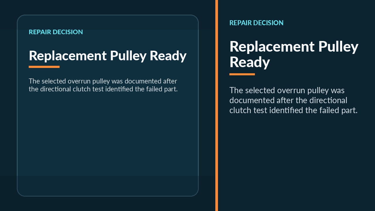 The replacement pulley is displayed after the repair discussion
