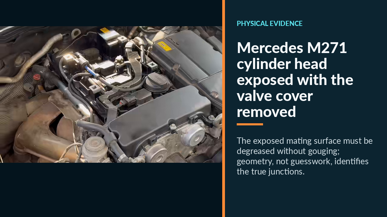 Mercedes M271 cylinder head exposed with the valve cover removed