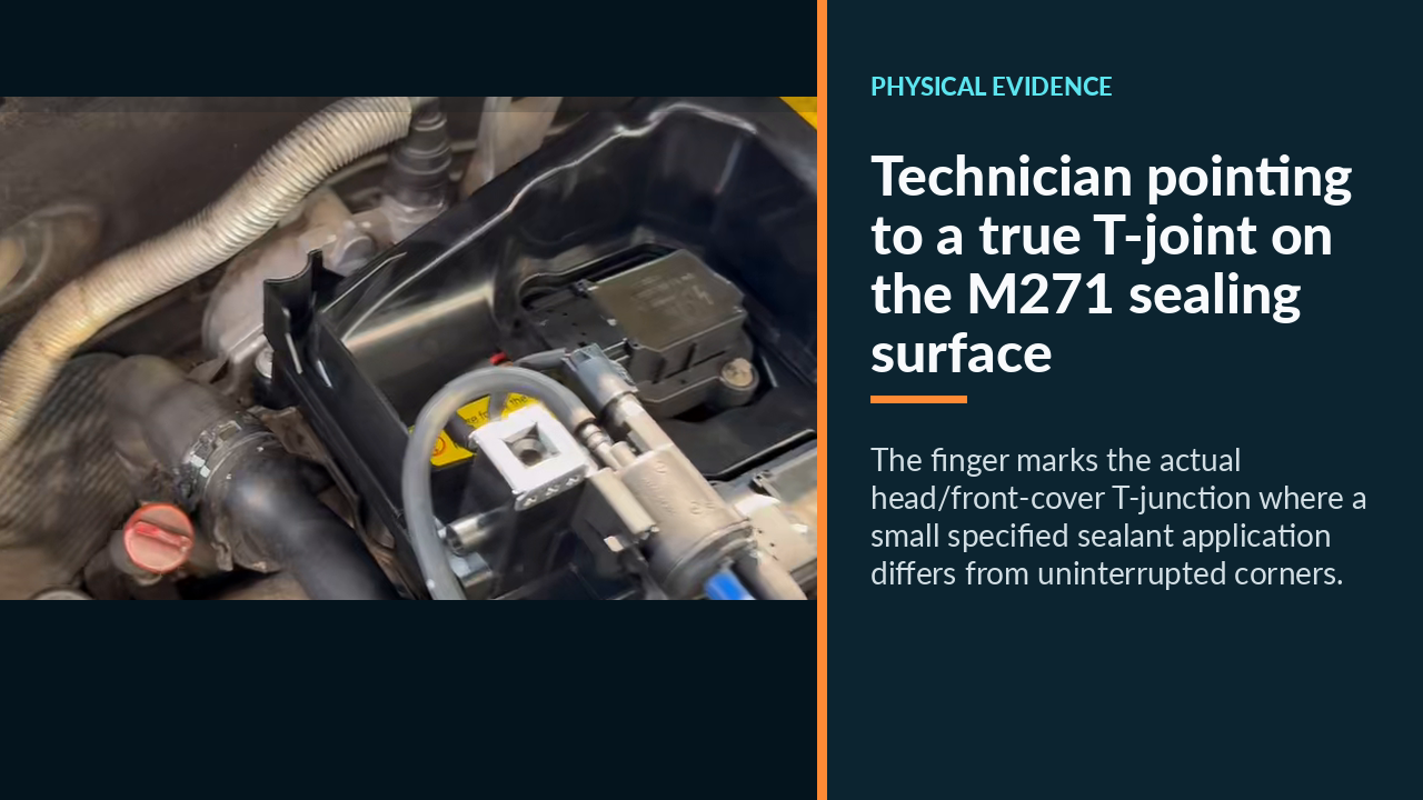 Technician pointing to a true T-joint on the M271 sealing surface
