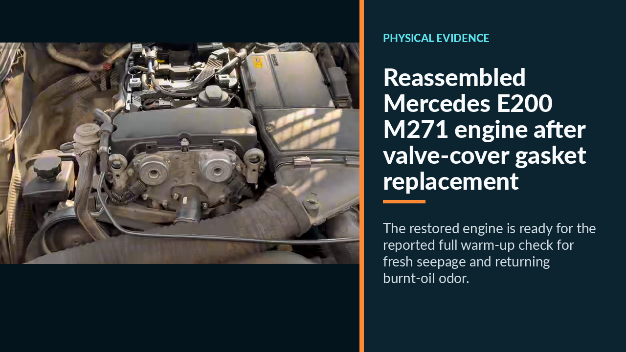 Reassembled Mercedes E200 M271 engine after valve-cover gasket replacement