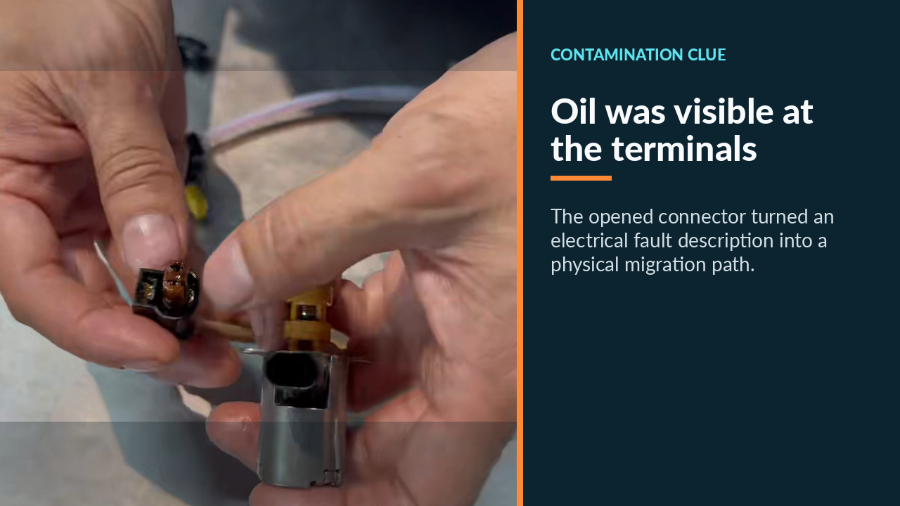 Oil visible at the terminals inside the Mercedes E300 oil-pump solenoid connector