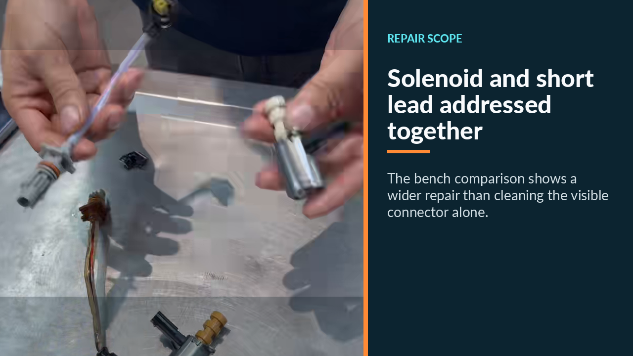 Removed and replacement Mercedes E300 oil-pump solenoid and short lead comparison