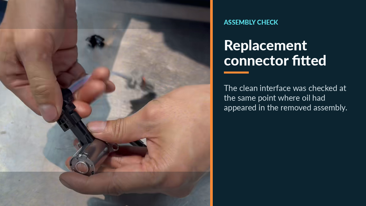 Replacement short-lead connector fitted to the Mercedes E300 oil-pump solenoid