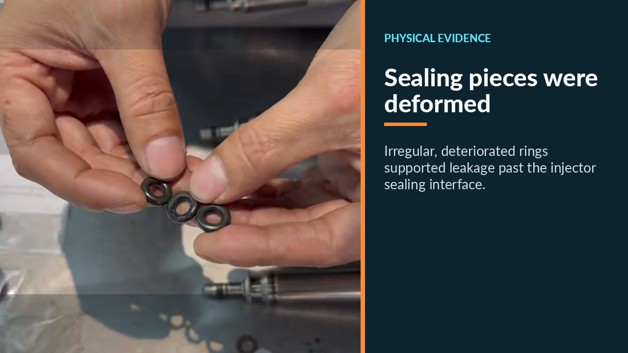 Deformed Mercedes GLS 450 injector sealing pieces held for inspection