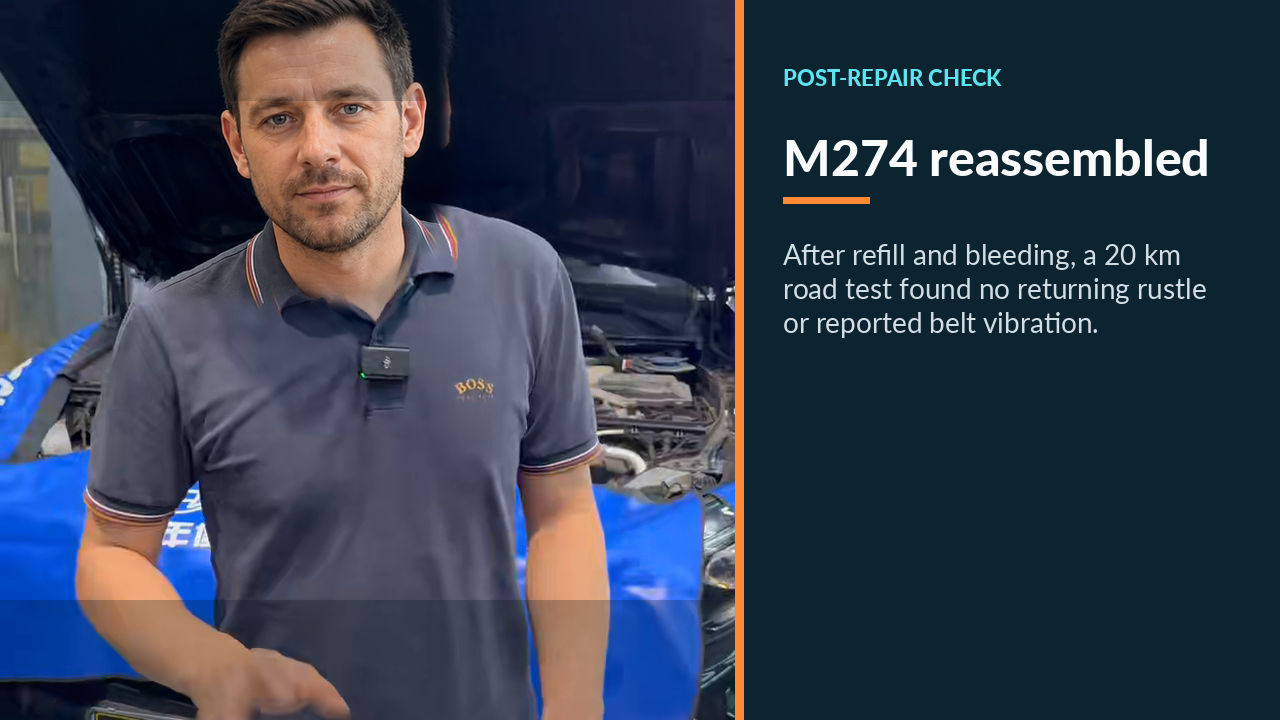 Technician in front of the Mercedes M274 engine bay after reassembly