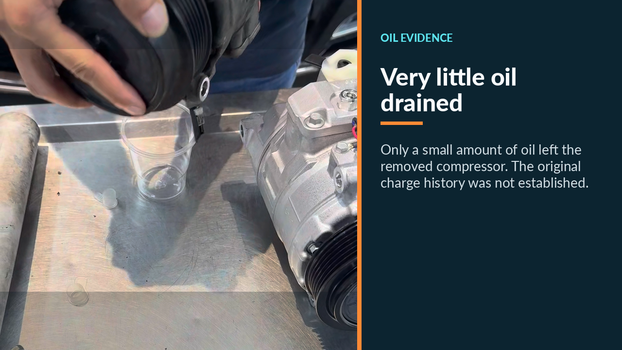Very small amount of oil drained from removed Mercedes R350 A/C compressor