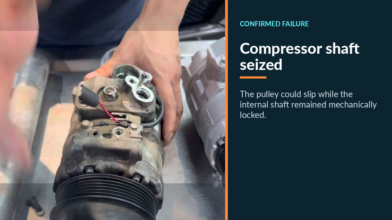 Removed Mercedes R350 A/C compressor with mechanically seized shaft