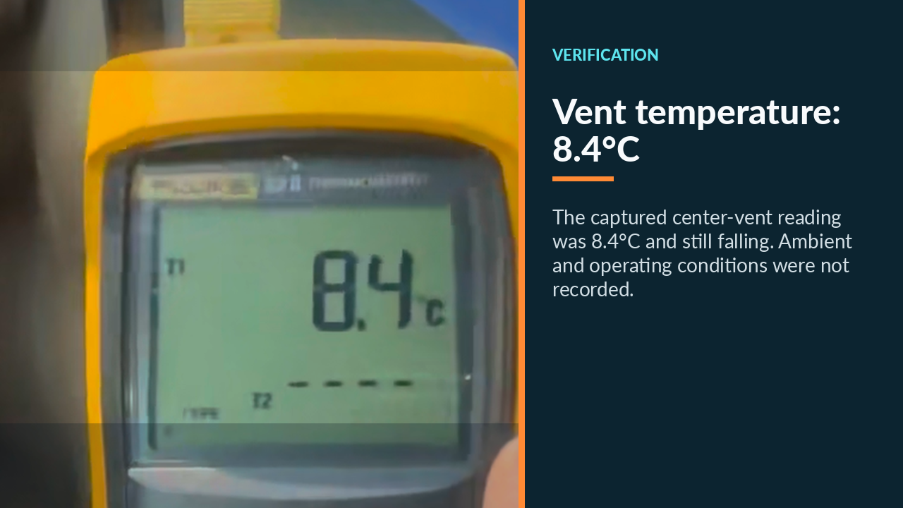 Center-vent thermometer reading 8.4 degrees Celsius after compressor replacement