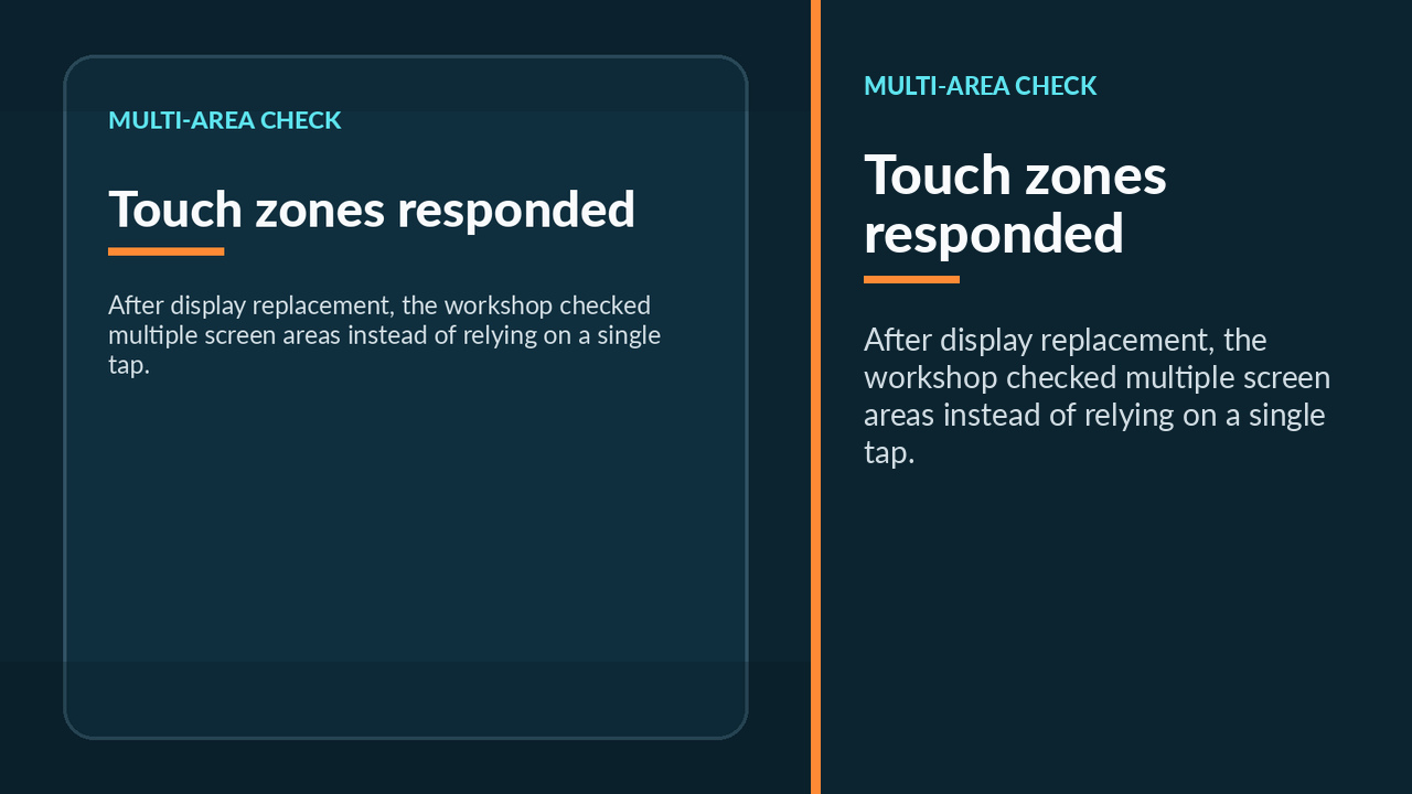 Hand testing several regions of the installed Tesla Model S touchscreen after replacement.