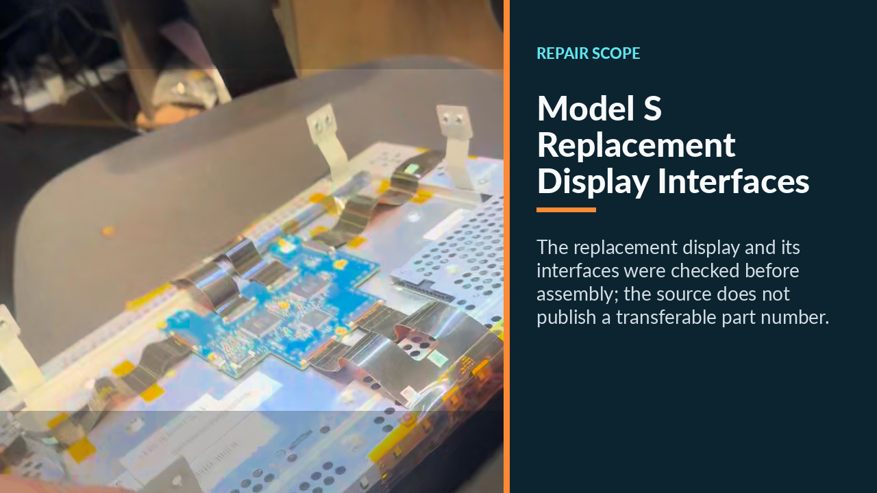 Replacement Tesla center display with ribbon interfaces visible before installation.